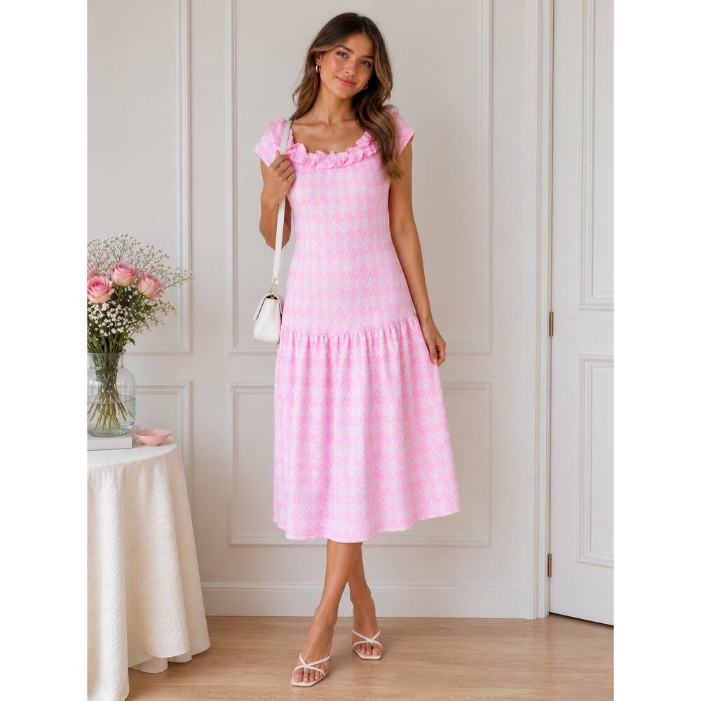 VTG 60s Pink Houndstooth Midi Dress Ruffle Neck Drop Waist Coquette Size M